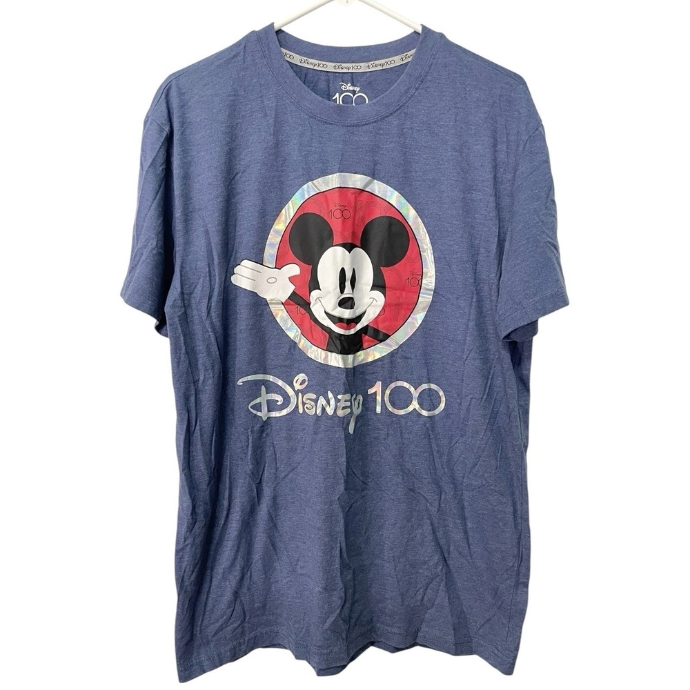 Disney L Blue T-Shirt Mickey Mouse 100 Years of Wonder Holographic Disneycore